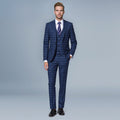 Navy plaid 3-piece slim fit suit with peaked lapel – TARLANO