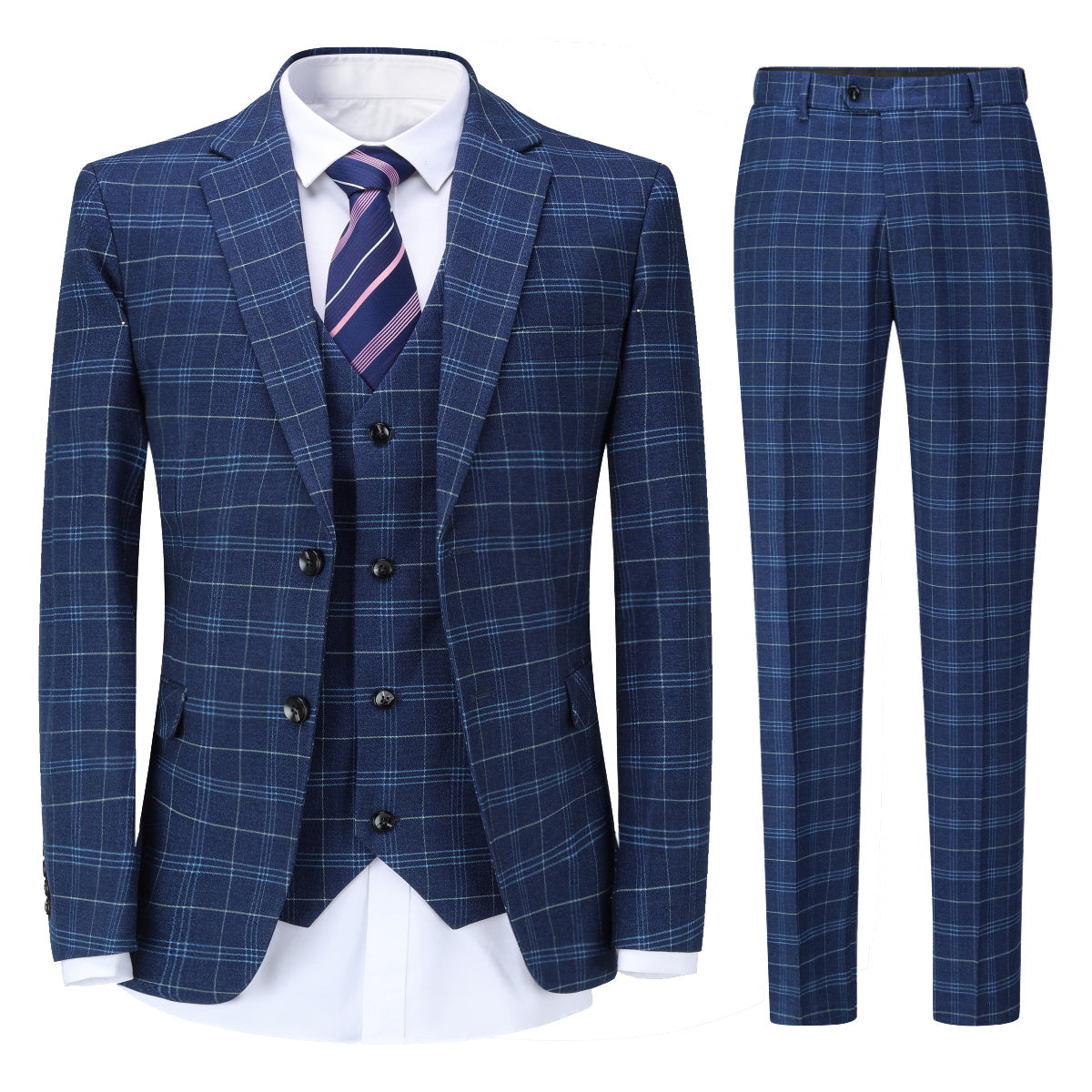 Model wearing navy plaid peaked lapel suit with vest – TARLANO