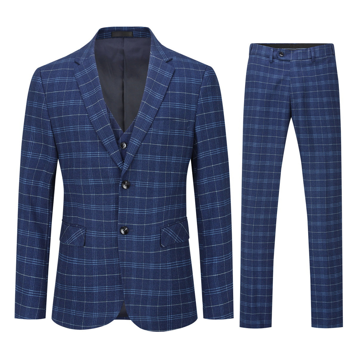 Mens Suit 3-Piece Slim Fit Plaid Peaked Lapel Navy – Norval