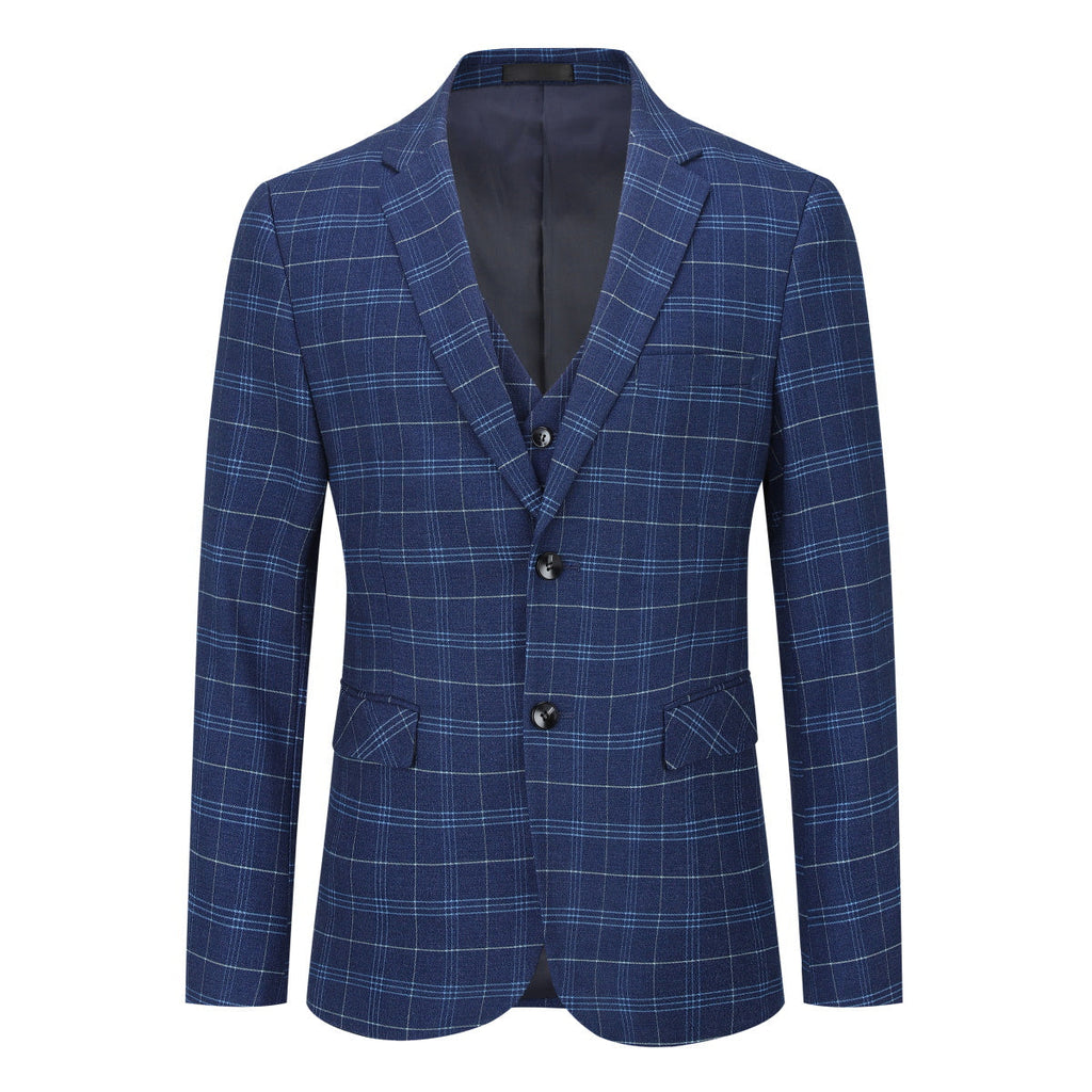 Mens Suit 3-Piece Slim Fit Plaid Peaked Lapel Navy – Norval