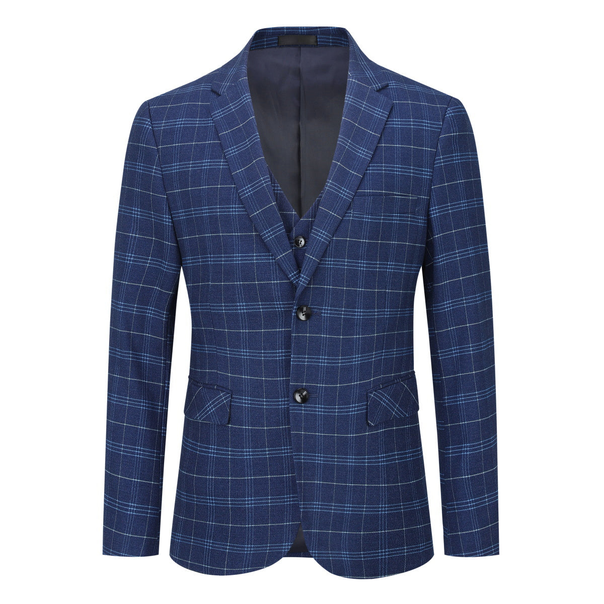 Mens Suit 3-Piece Slim Fit Plaid Peaked Lapel Navy – Norval