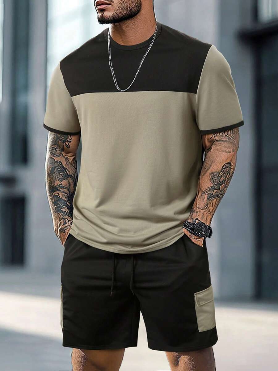 Color block crewneck t-shirt and shorts set in army green – TARLANO