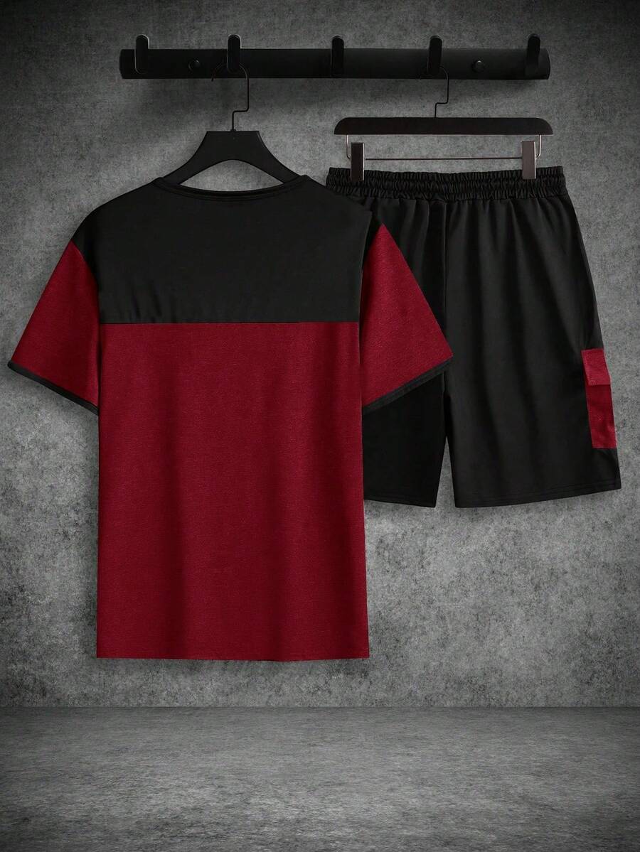 Mens T-Shirt and Shorts Set Color Block Crewneck Short Sleeve – Valco