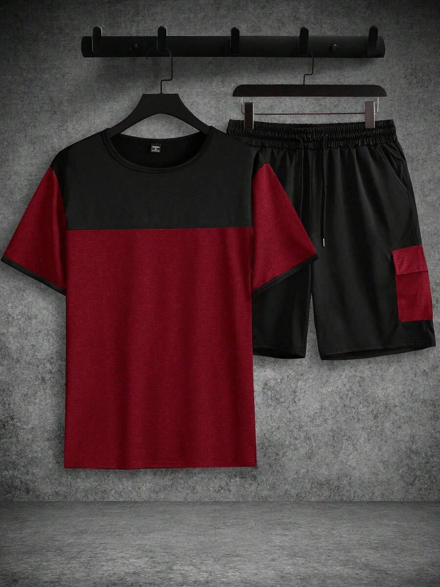 Mens T-Shirt and Shorts Set Color Block Crewneck Short Sleeve – Valco
