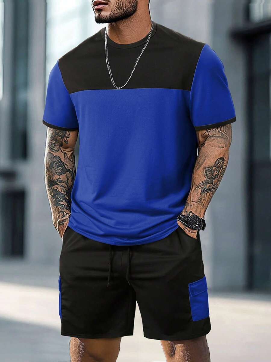 Mens T-Shirt and Shorts Set Color Block Crewneck Short Sleeve – Valco