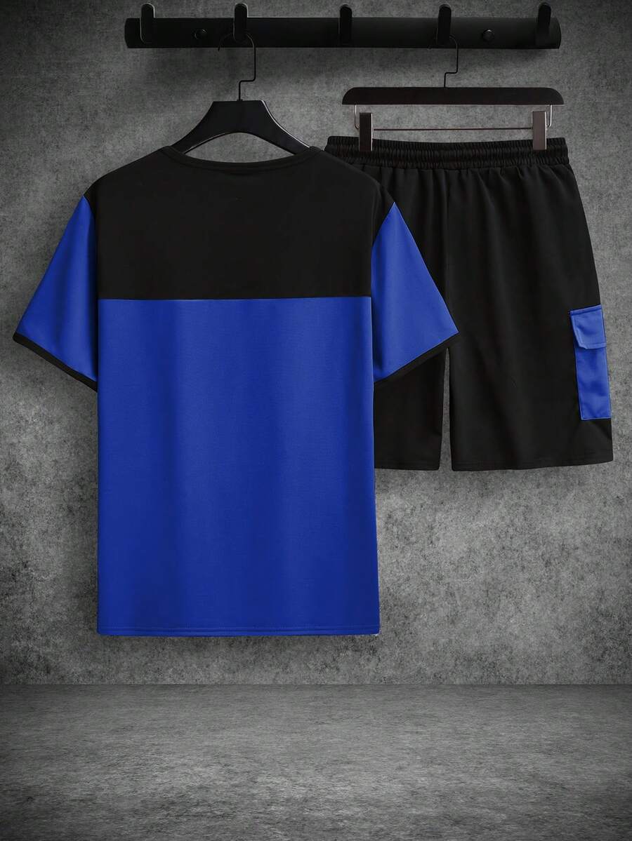 Mens T-Shirt and Shorts Set Color Block Crewneck Short Sleeve – Valco