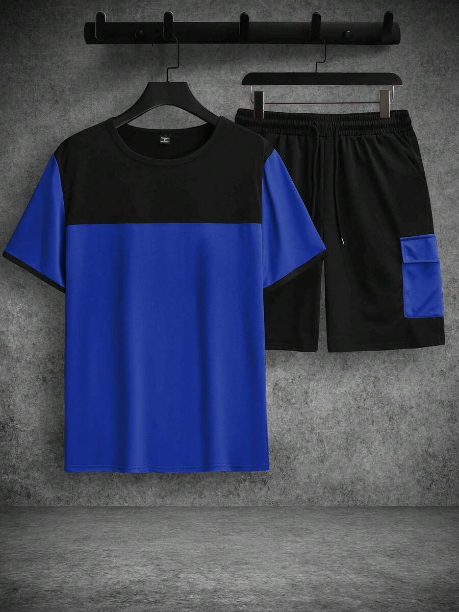 Mens T-Shirt and Shorts Set Color Block Crewneck Short Sleeve – Valco