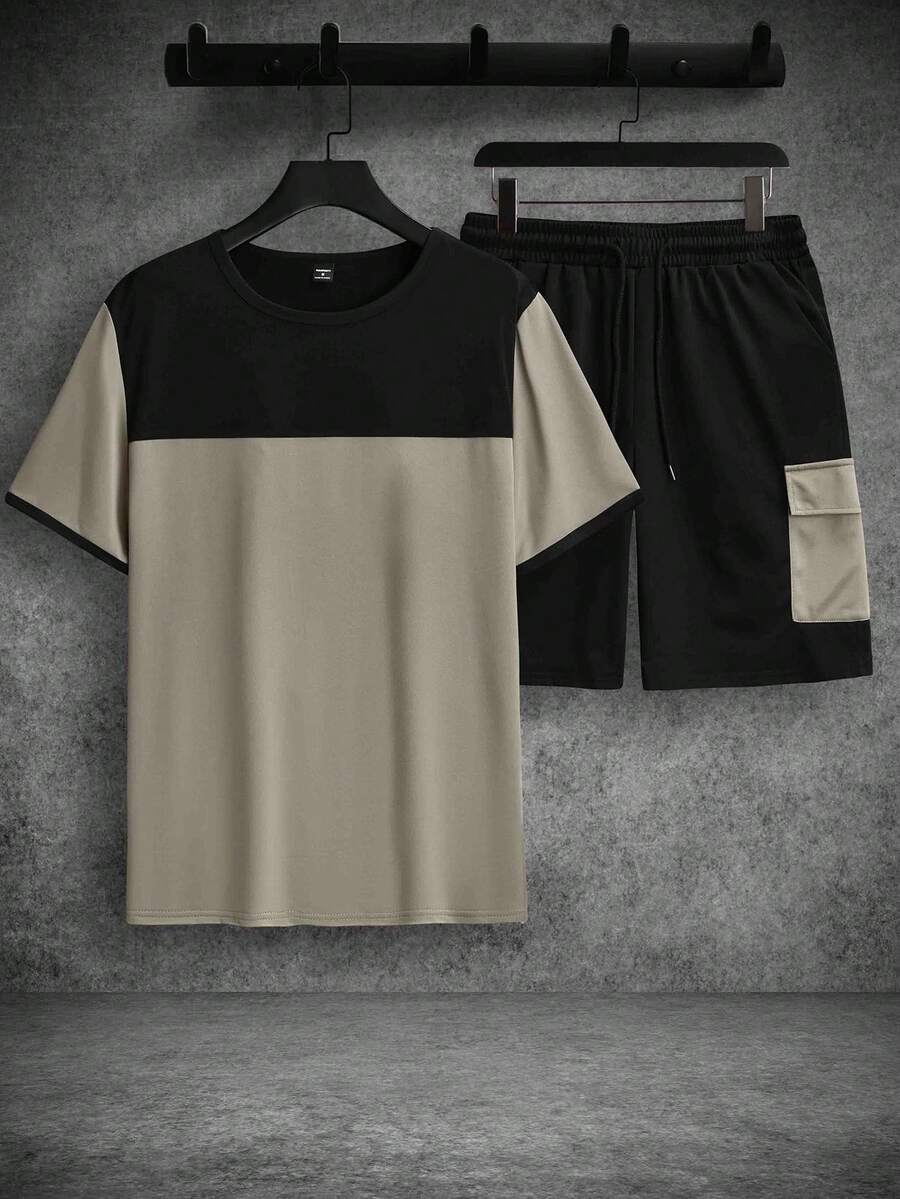 Mens T-Shirt and Shorts Set Color Block Crewneck Short Sleeve – Valco