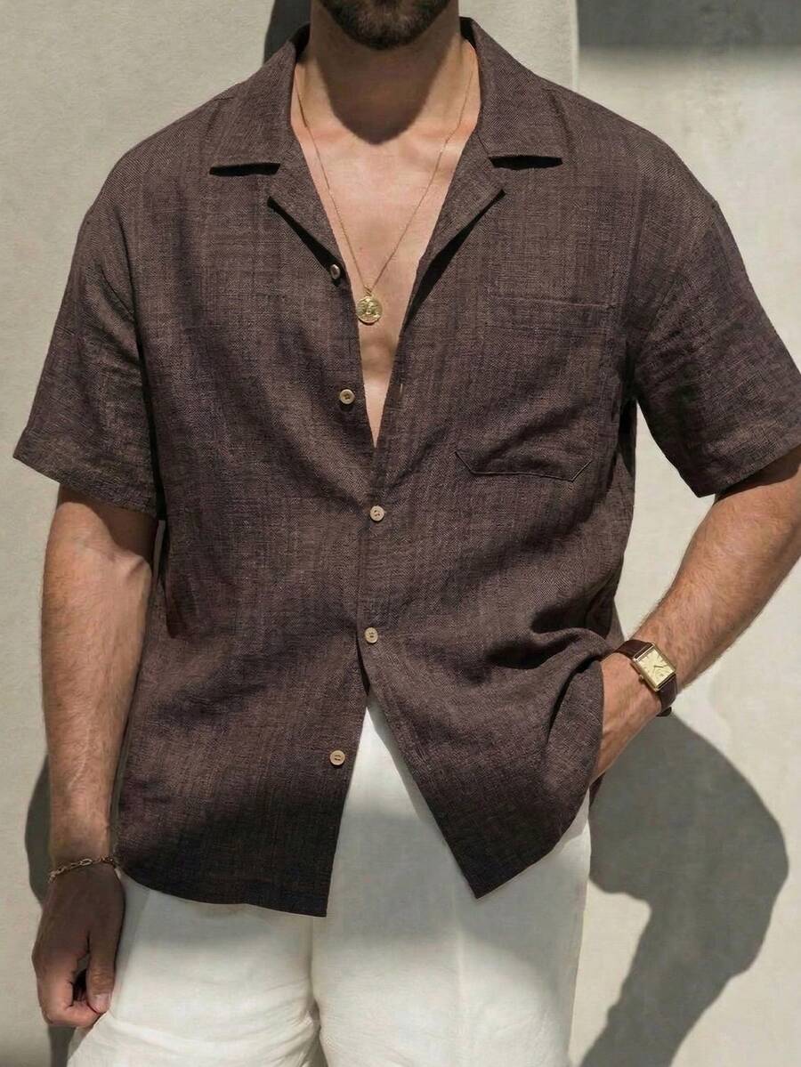 Close-up of faux linen woven texture on oversized casual shirt in brown – TARLANO