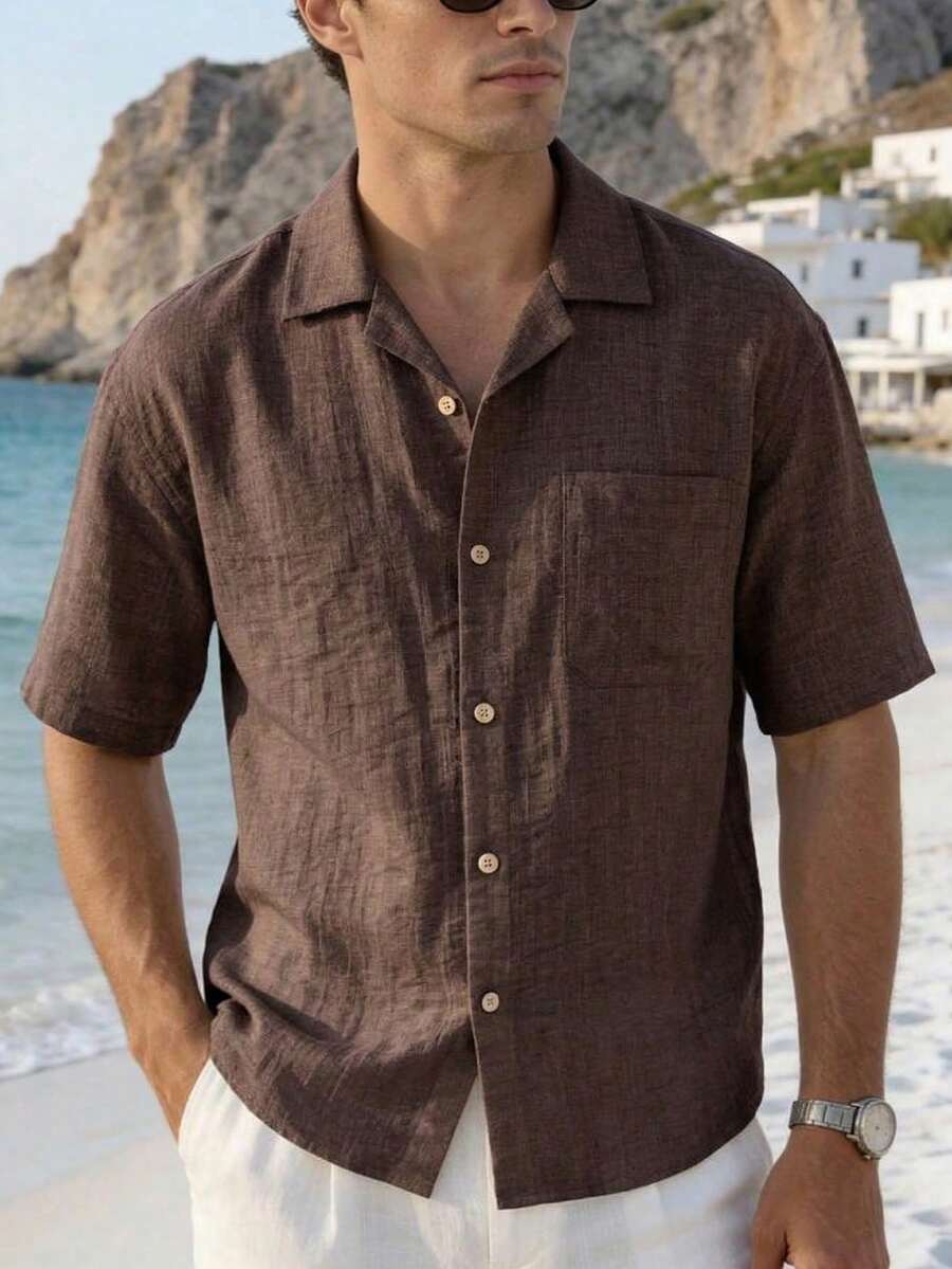 Model wearing oversized short sleeve faux linen shirt in brown – TARLANO
