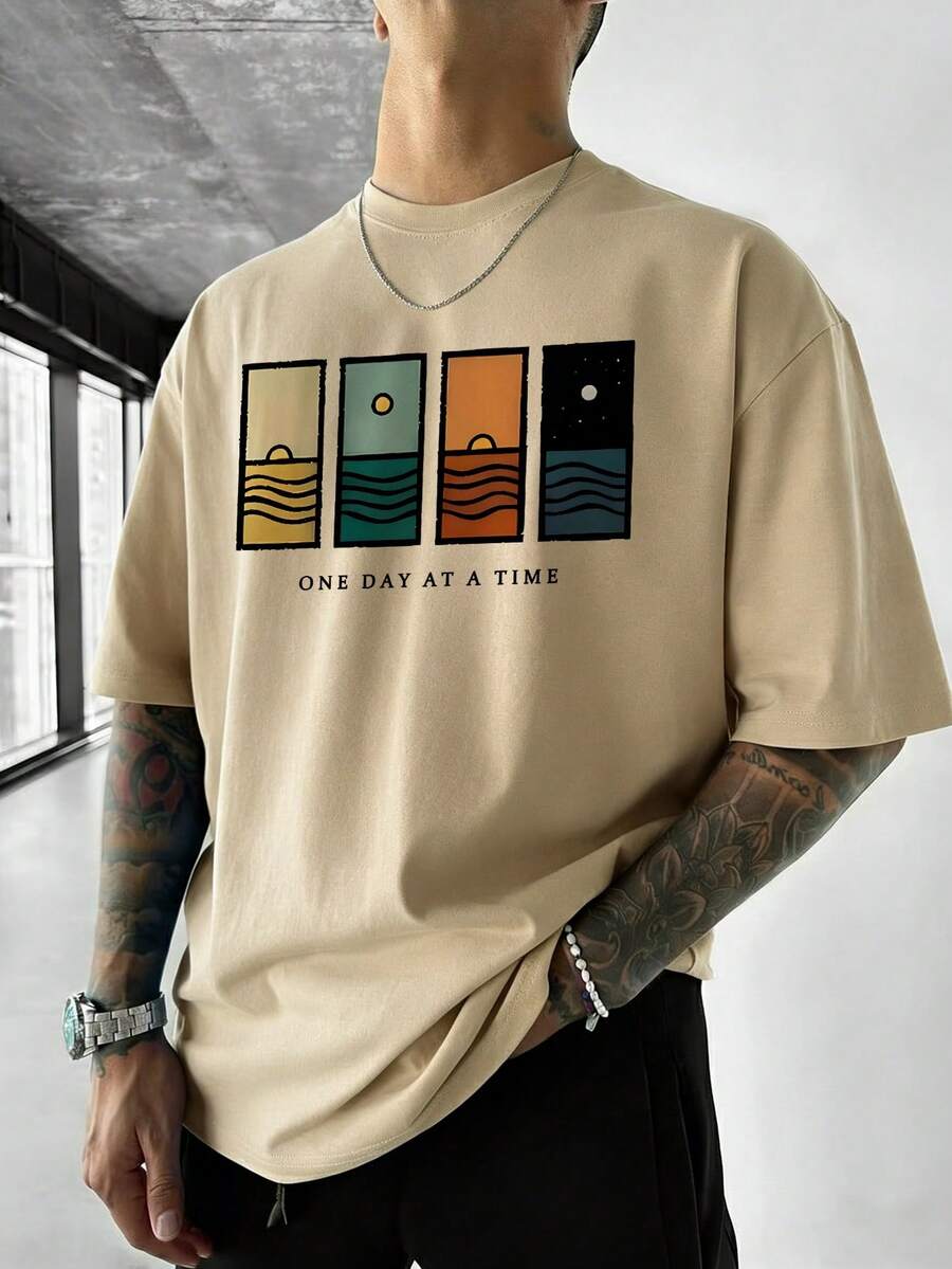 Model wearing men's graphic drop shoulder short sleeve t-shirt in black – TARLANO