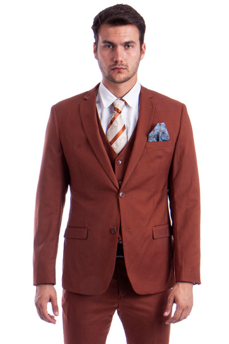 Three-piece slim fit vested suit in light brown with notch lapel – TARLANO