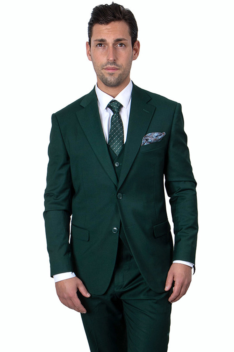 Three-piece vested suit in hunter green with notch lapel and flat front trousers – TARLANO