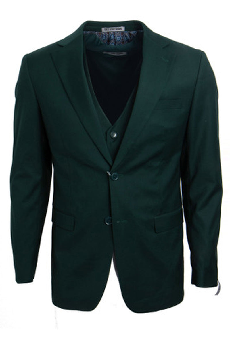 Model wearing hunter green three-piece suit with vest and notch lapel jacket – TARLANO