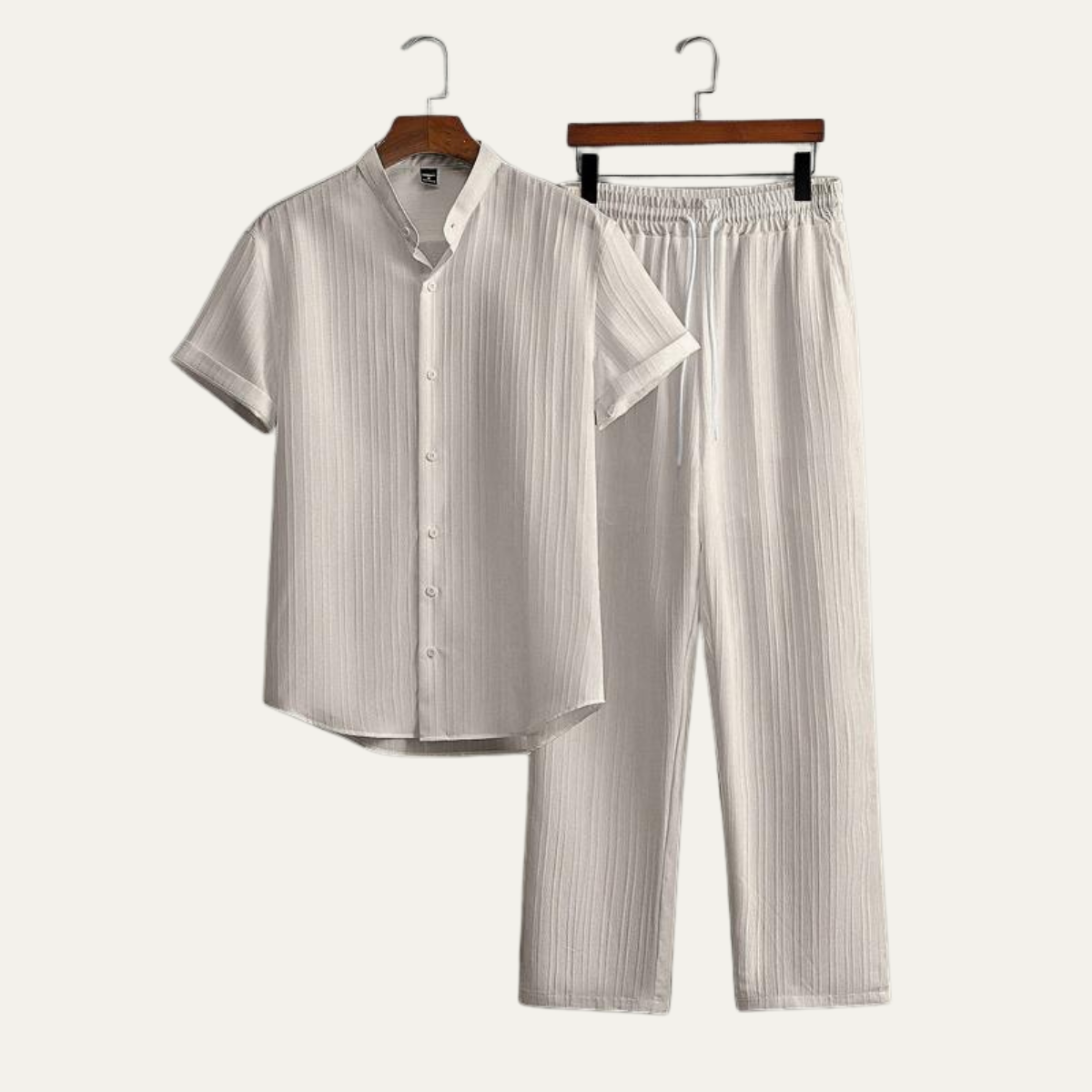 Crinkle weave band collar shirt and trouser set in apricot – TARLANO
