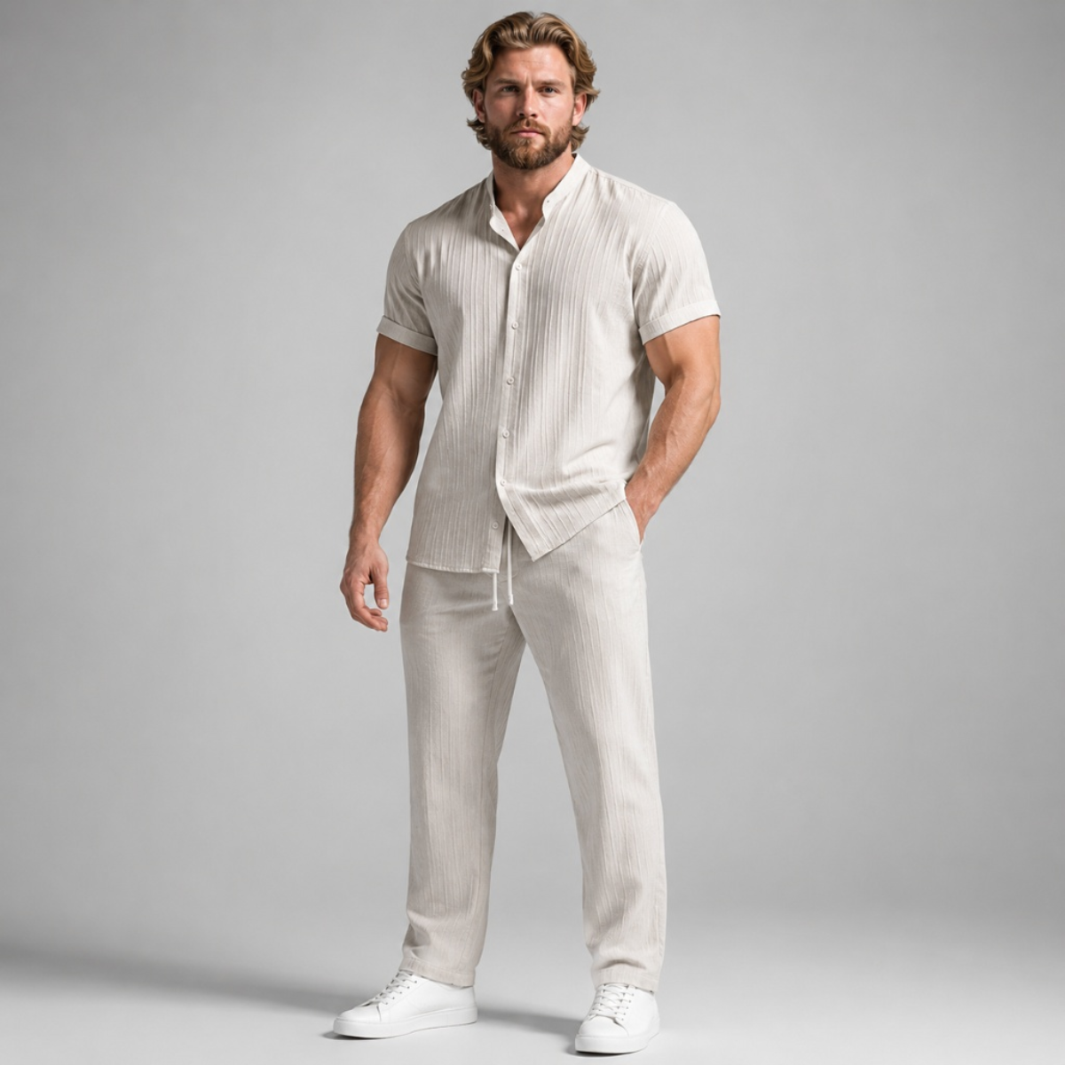 Model wearing crinkle weave co-ord set in apricot – TARLANO