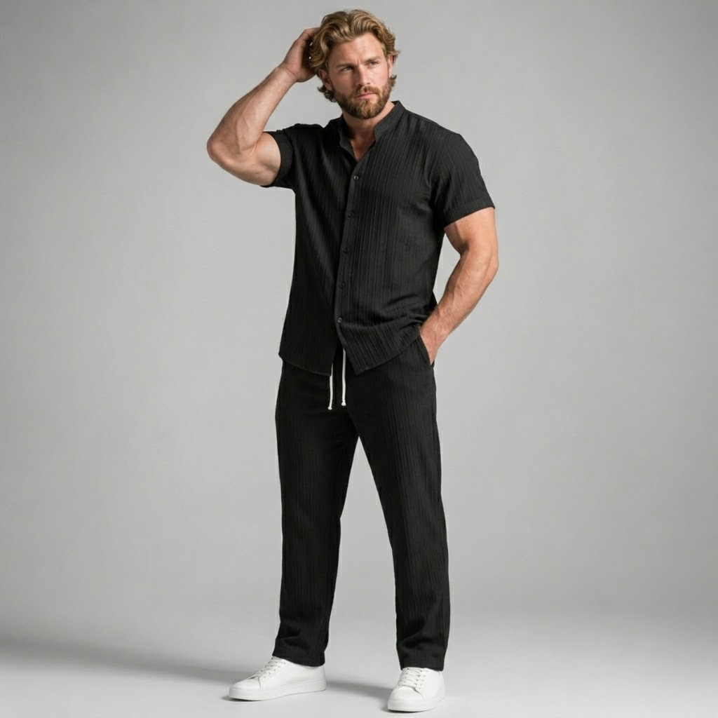Mens Trouser and Shirt Set Band Collar Crinkle Weave Co-Ord – Sorven