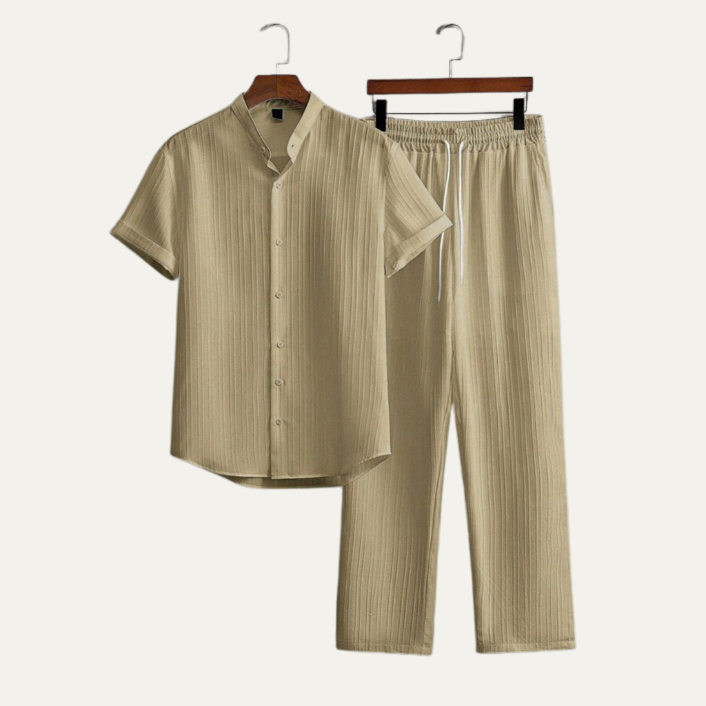 Mens Trouser and Shirt Set Band Collar Crinkle Weave Co-Ord – Sorven