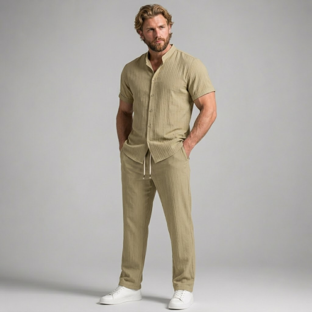 Mens Trouser and Shirt Set Band Collar Crinkle Weave Co-Ord – Sorven