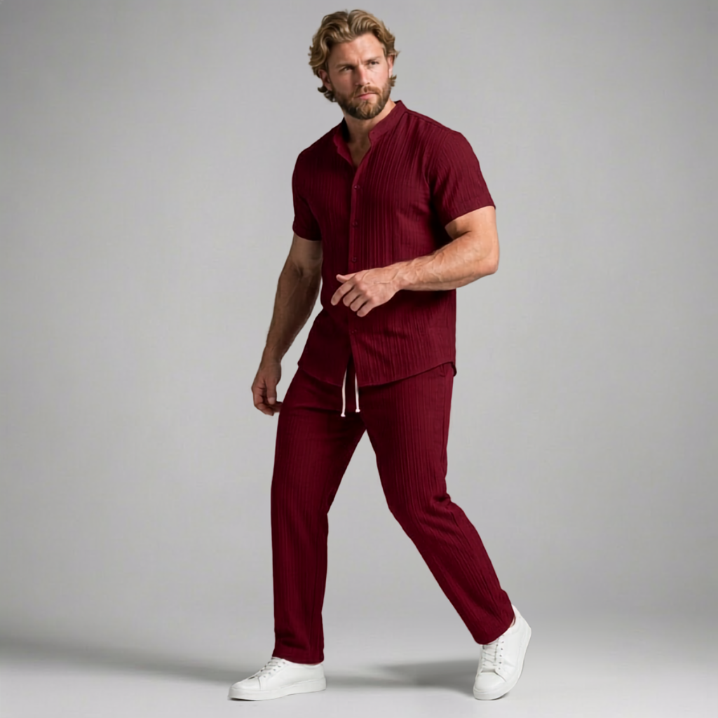 Mens Trouser and Shirt Set Band Collar Crinkle Weave Co-Ord – Sorven