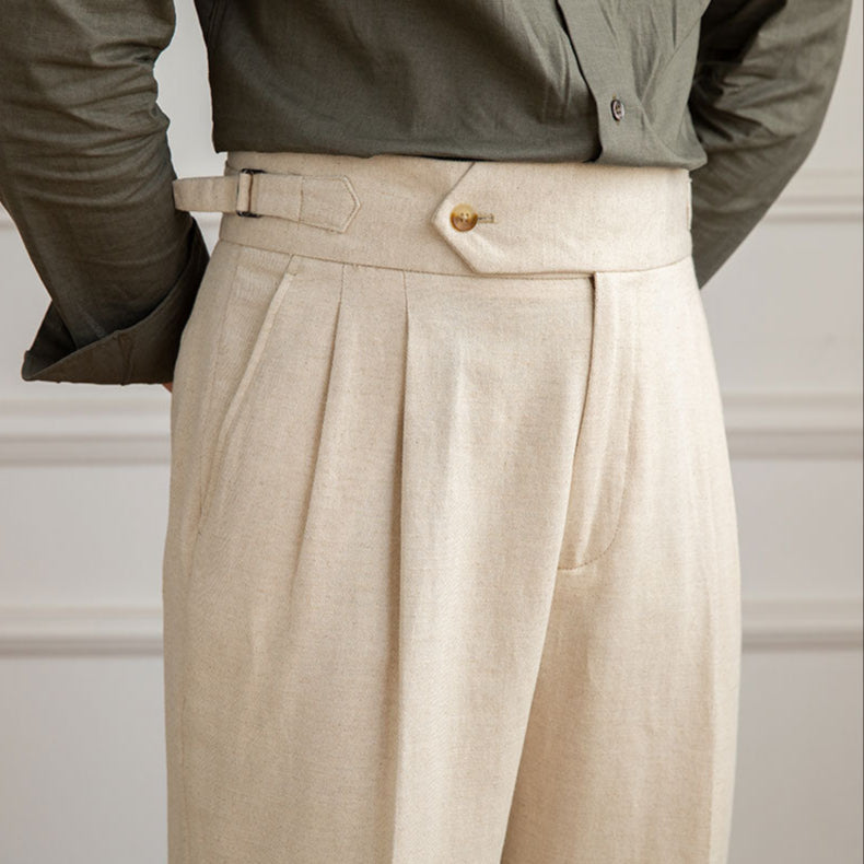 Model wearing pleated straight-leg trouser in beige – TARLANO