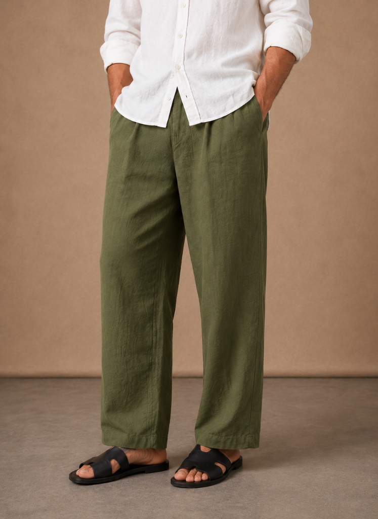 Relaxed fit linen cotton mens trouser flat lay in beige – TARLANO