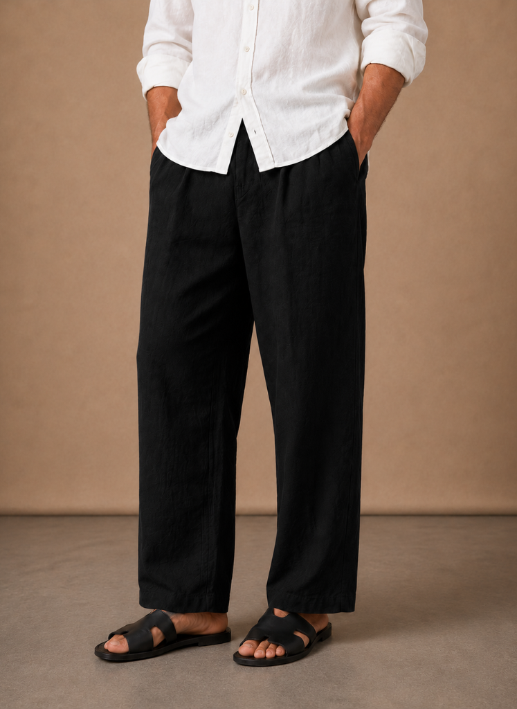 Model wearing relaxed fit linen cotton trouser in beige – TARLANO