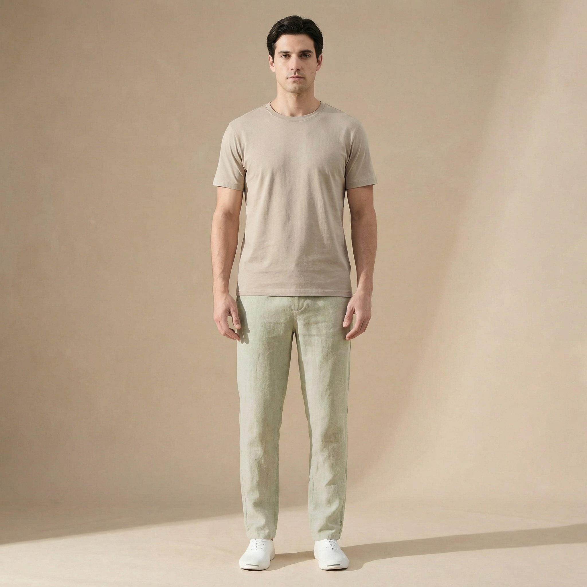 Model wearing linen regular fit trouser in beige – TARLANO