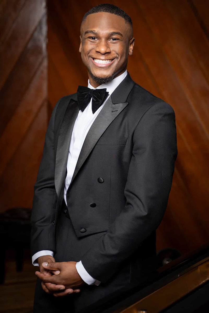 Model wearing black white tie tailcoat tuxedo three-piece set – TARLANO