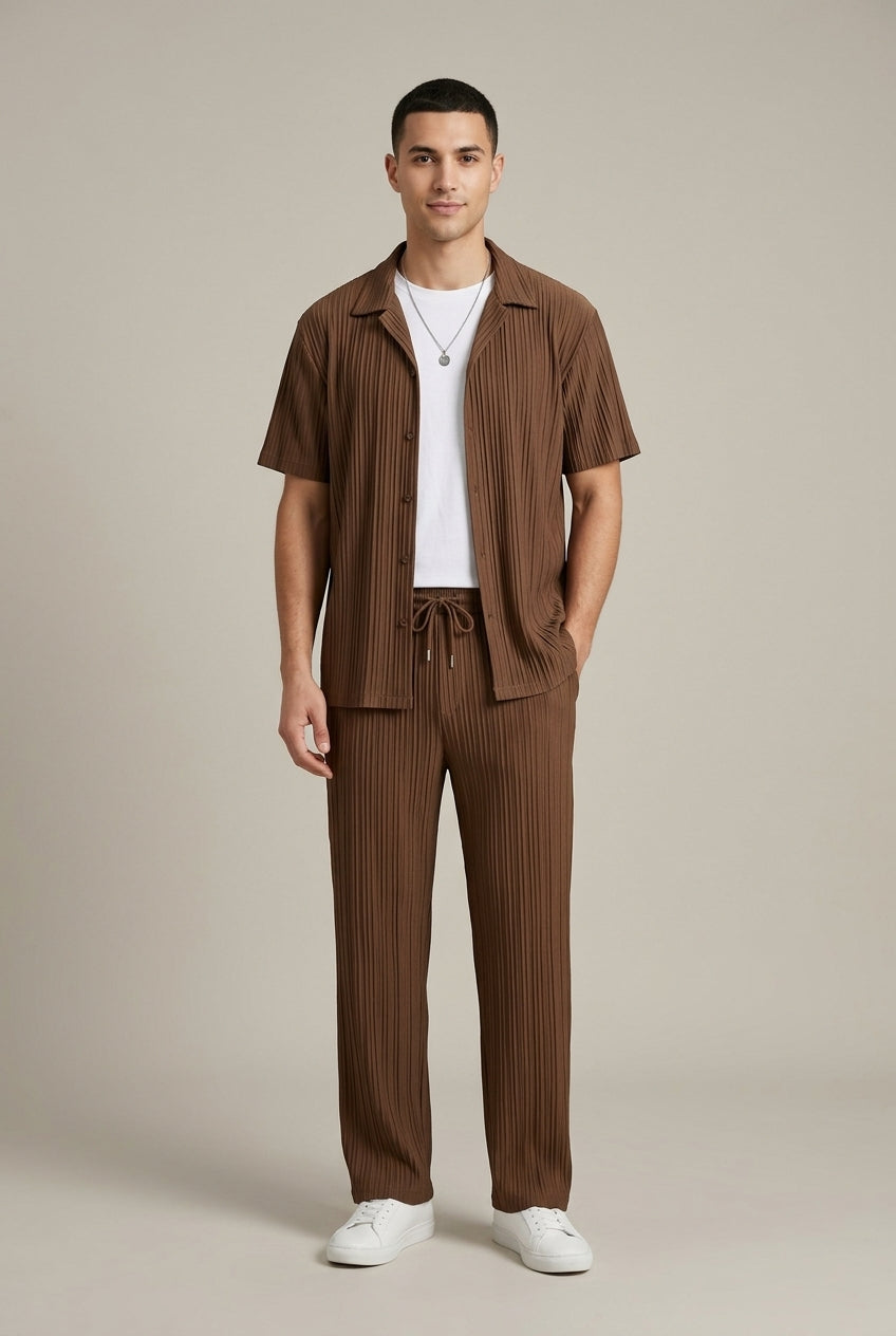 Textured stripe two-piece set in brown – TARLANO