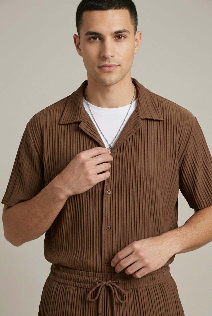 Model wearing brown textured stripe shirt and trousers set – TARLANO