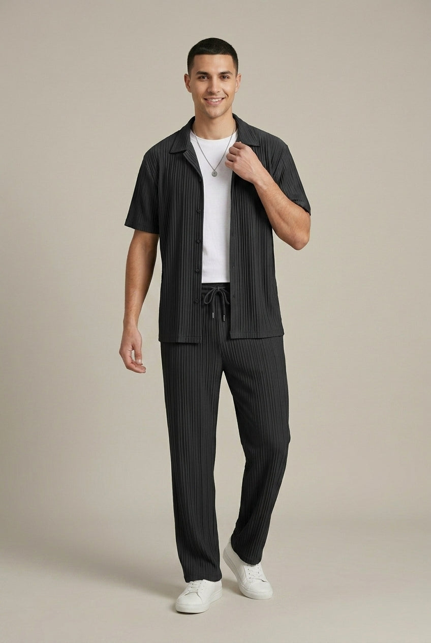 Men's Two-Piece Set Textured Stripe Shirt and Drawstring Trousers