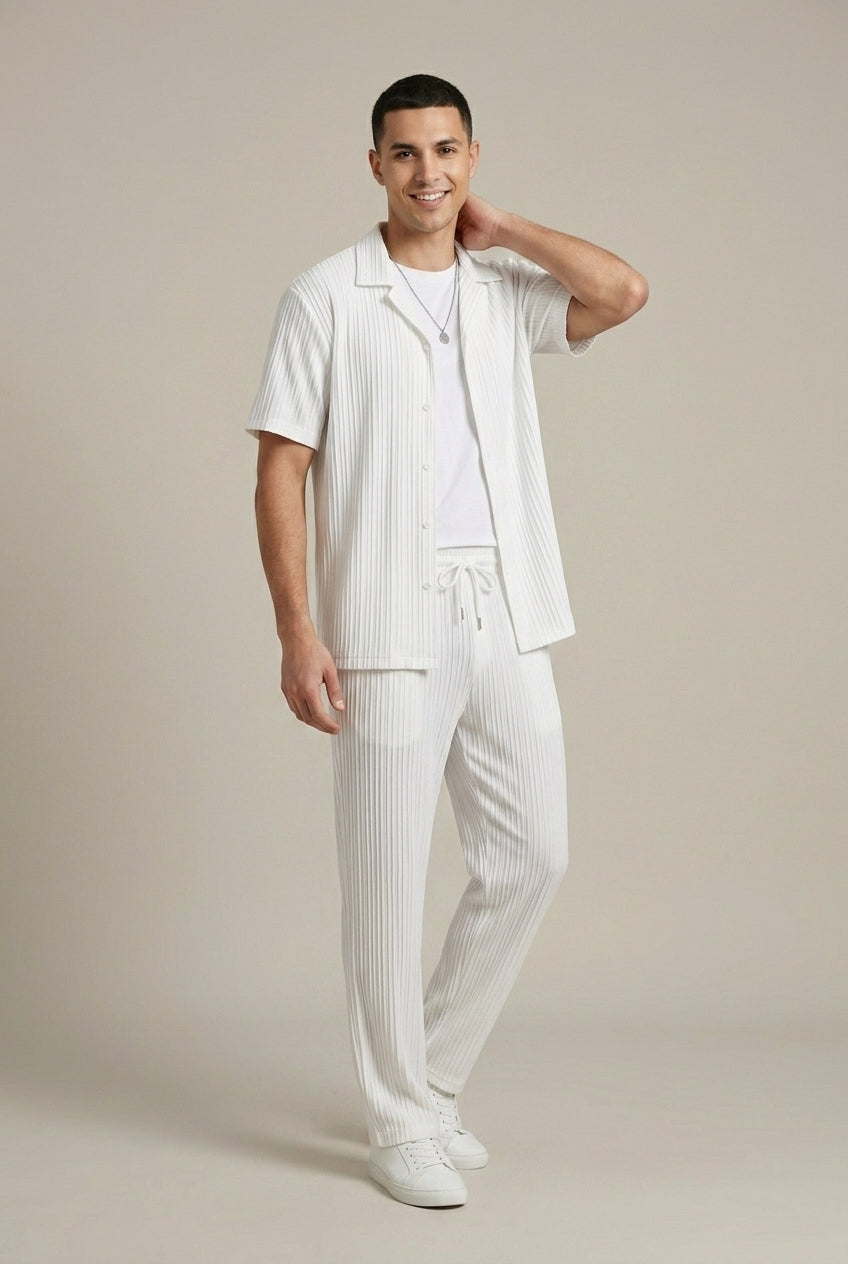 Men's Two-Piece Set Textured Stripe Shirt and Drawstring Trousers