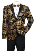 Gold velvet tuxedo jacket with black satin peak lapel and paisley foil print – TARLANO
