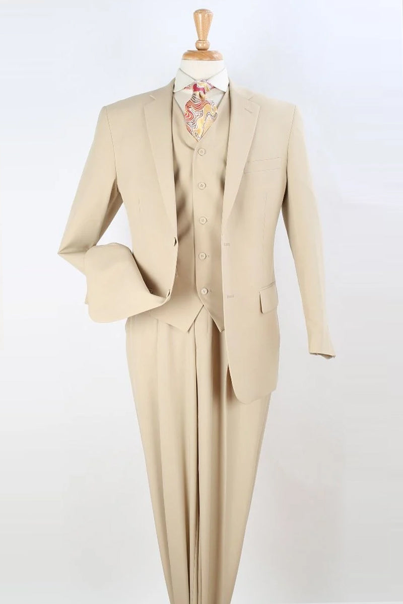 Three-piece tan vested suit with notch lapel and side vents – TARLANO