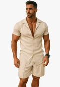 Woven camp collar shirt and drawstring shorts set in beige – TARLANO