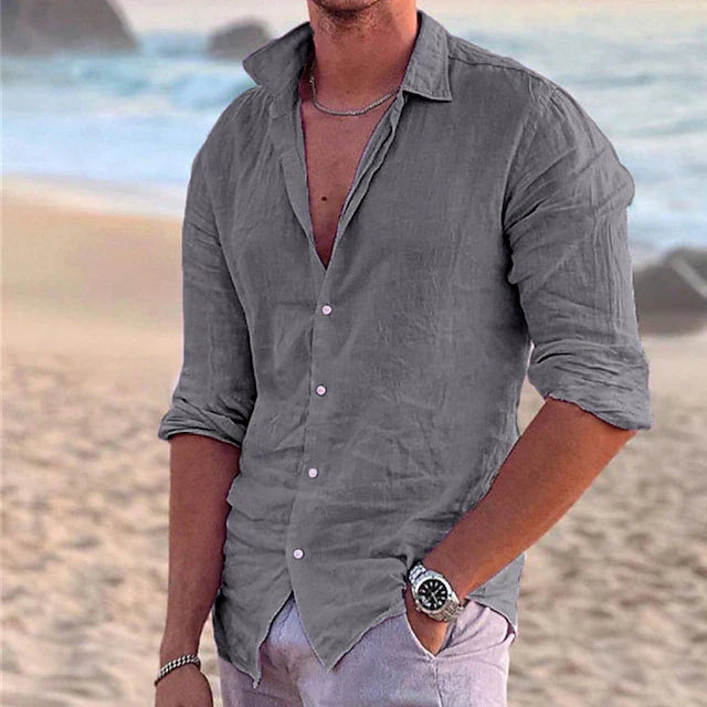 Classic Linen Button-Up Short Sleeve Shirt in White – Cove