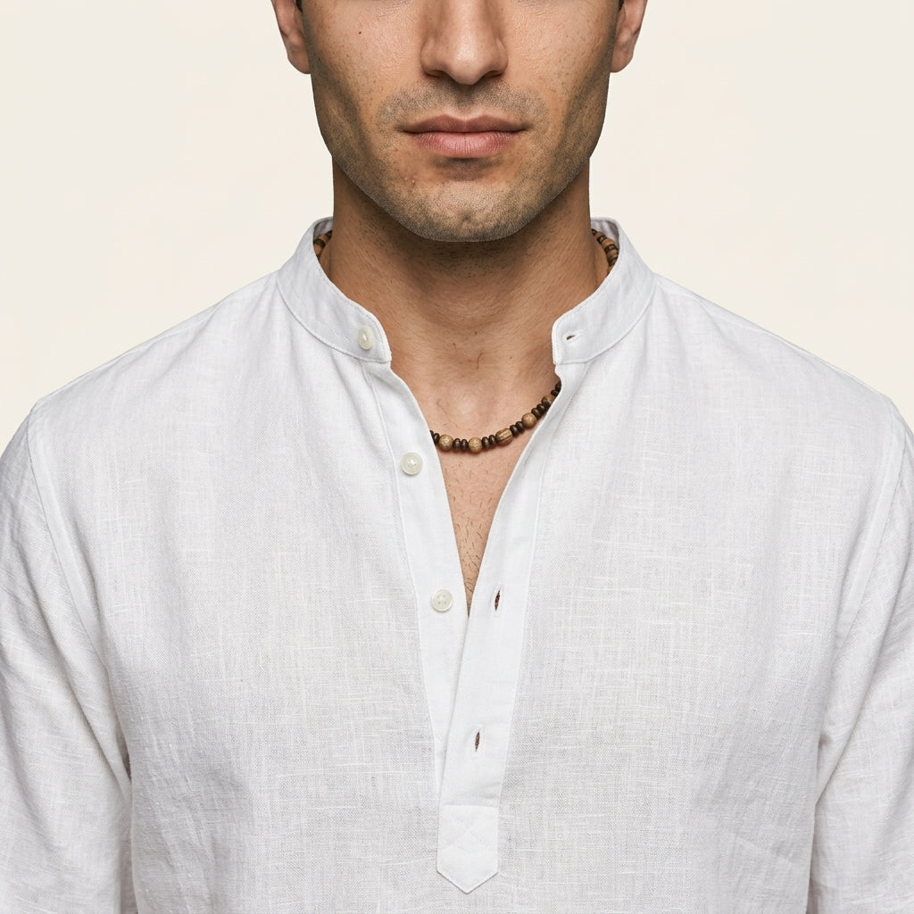 Band collar long sleeve popover shirt — On Model - Close-up Detail | Generated by Modelize