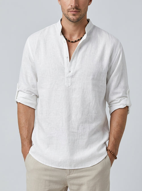 Band collar long sleeve shirt — On Model - Upper Body | Generated by Modelize