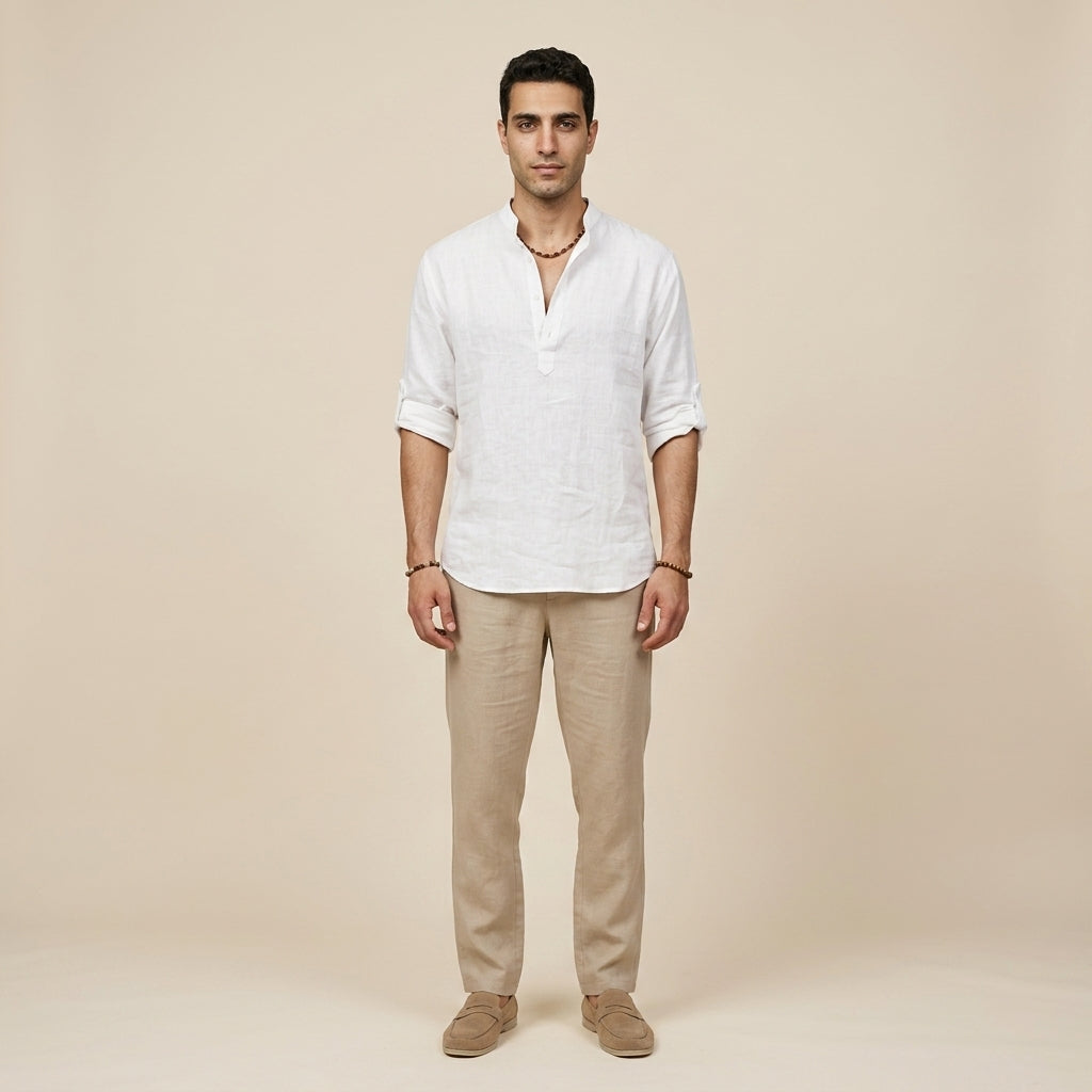 Band collar long sleeve shirt — On Model - Neutral | Generated by Modelize
