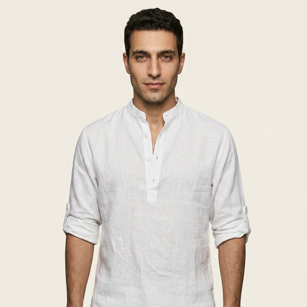 Band collar long sleeve shirt — On Model - Upper Body | Generated by Modelize