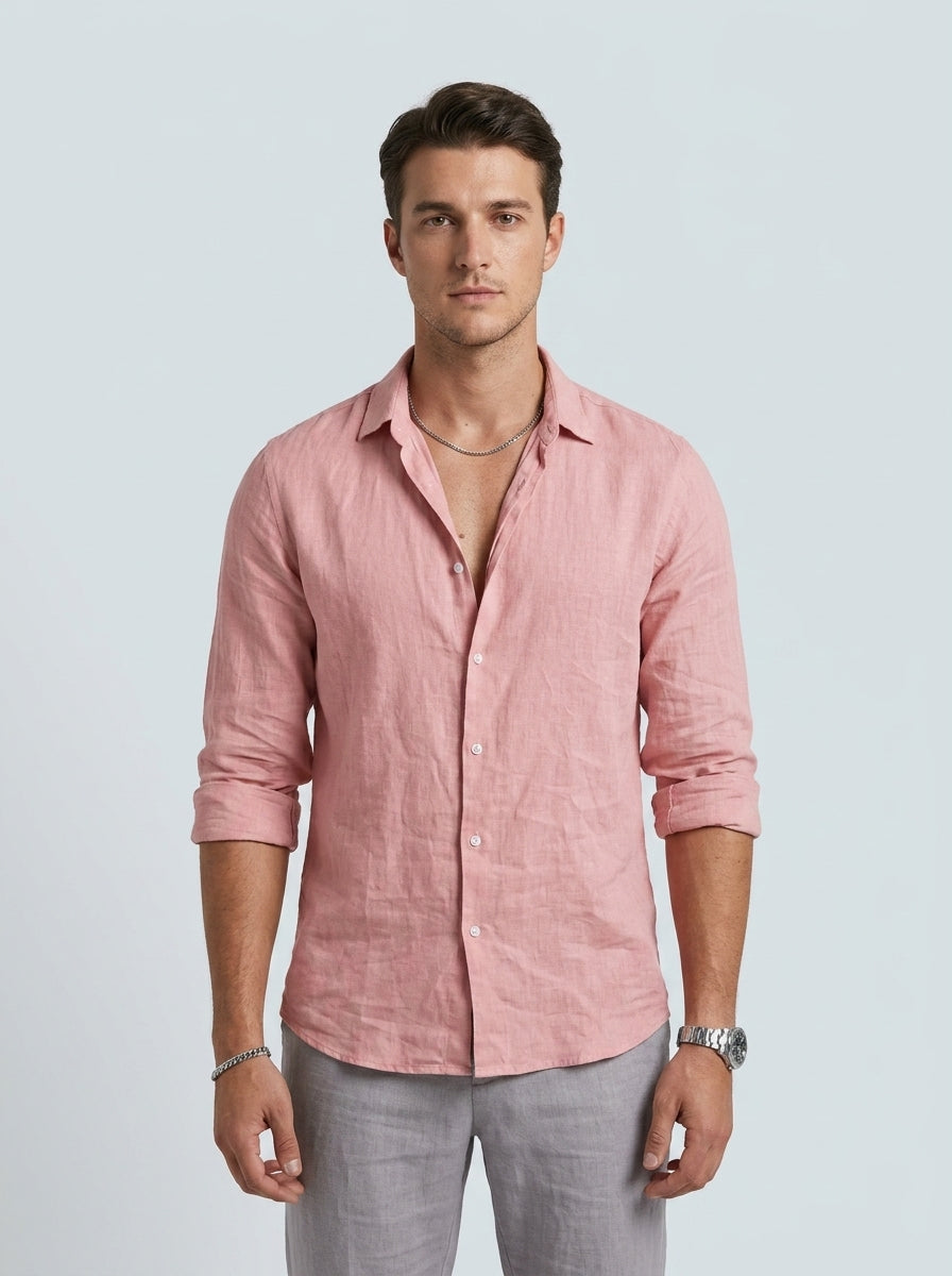 Linen button-up shirt — On Model - Upper Body | Generated by Modelize