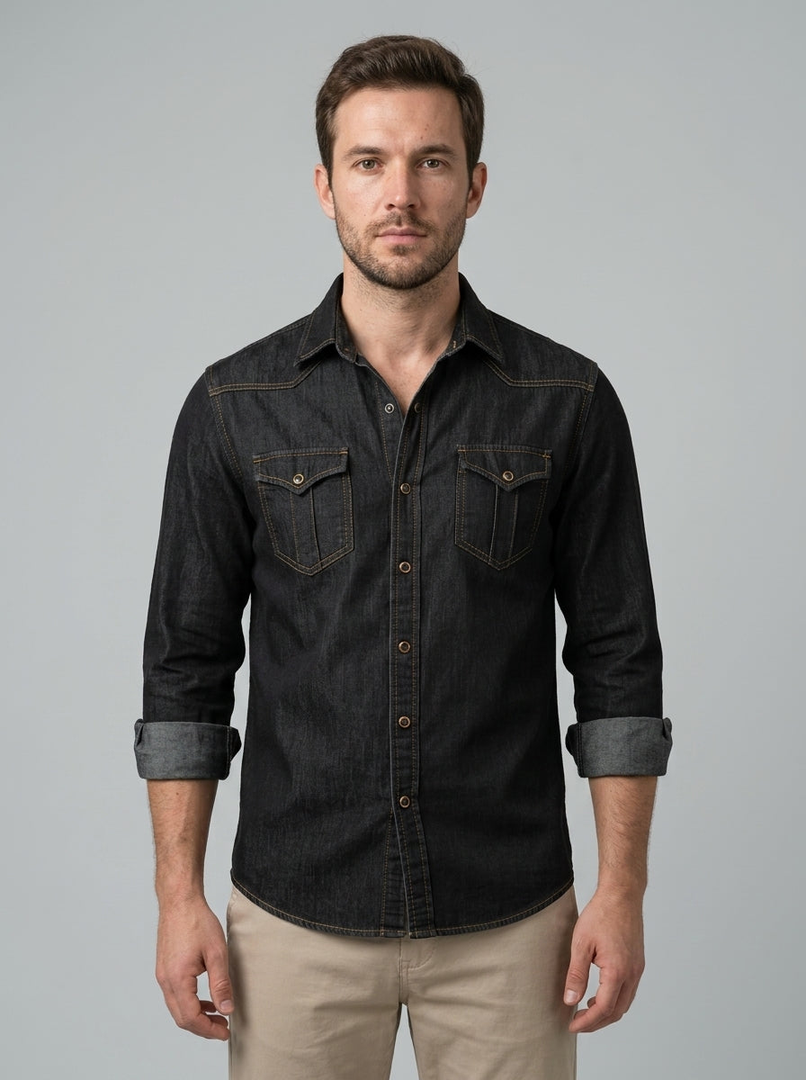 Long-sleeve denim shirt — On Model - Upper Body | Generated by Modelize