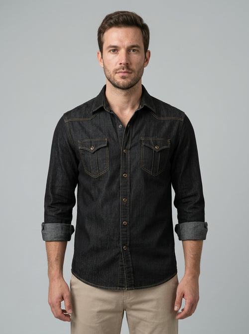 Long-sleeve denim shirt — On Model - Upper Body | Generated by Modelize