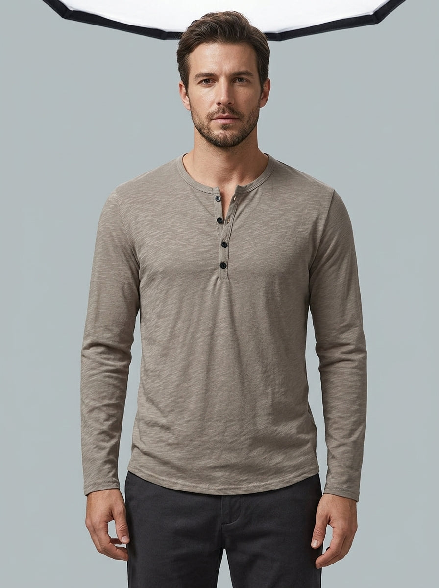 Henley long-sleeve shirt — On Model - Upper Body | Generated by Modelize