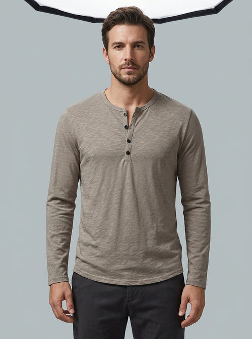 Henley long-sleeve shirt — On Model - Upper Body | Generated by Modelize
