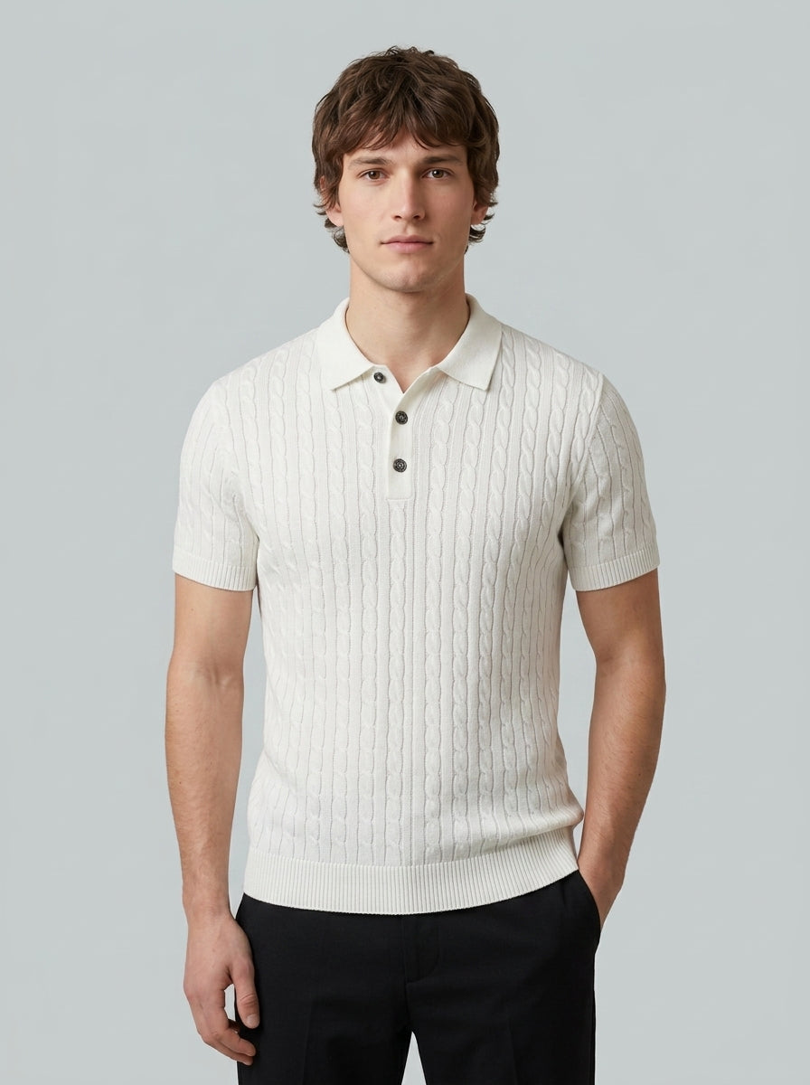 Textured knit polo shirt — On Model - Upper Body | Generated by Modelize