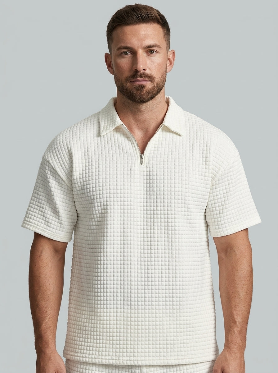 Coordinated half-zip polo and shorts set — On Model - Upper Body | Generated by Modelize