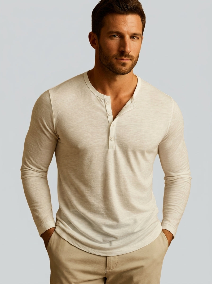 Henley shirt — On Model - Upper Body | Generated by Modelize