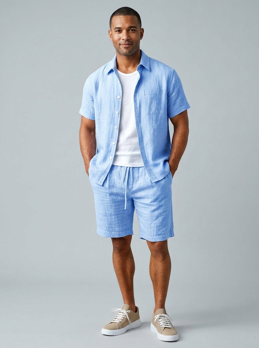 Linen Co-ord Set (Shirt and Shorts) — On Model - Neutral | Generated by Modelize